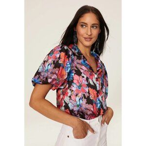 Lobo Rosa Multi-Color Floral Print Short Sleeve Blouse Women's Size Medium M